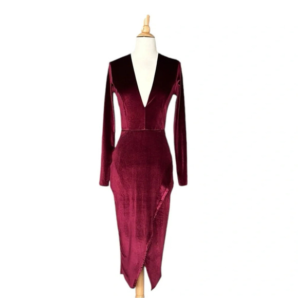 CLUB L Burgundy Velvet MIDI Dress Plunging Neck Faux Wrap US Size 8 - Picture 16 of 16